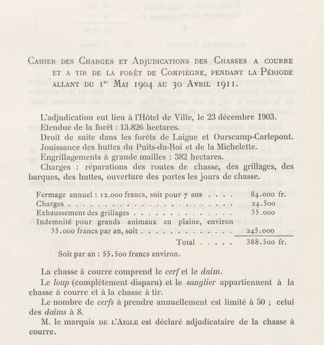 Adjudications pour les années 1904-1911 à Compiègne (1/2) - Tiré de l'ouvrage Essai sur la chasse du daim - Charles de Salverte (1906) - Decelle (Comp